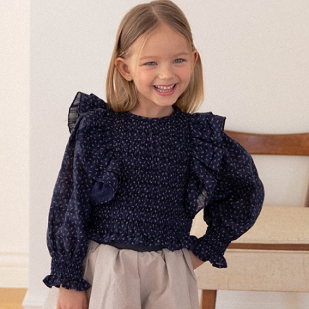 NouNou 26Y 春季復古壓摺碎花長袖上衣