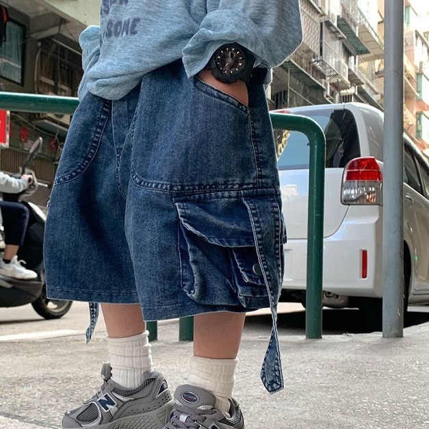 美式街頭工裝大口袋牛仔寬短褲 ！熱銷爆款