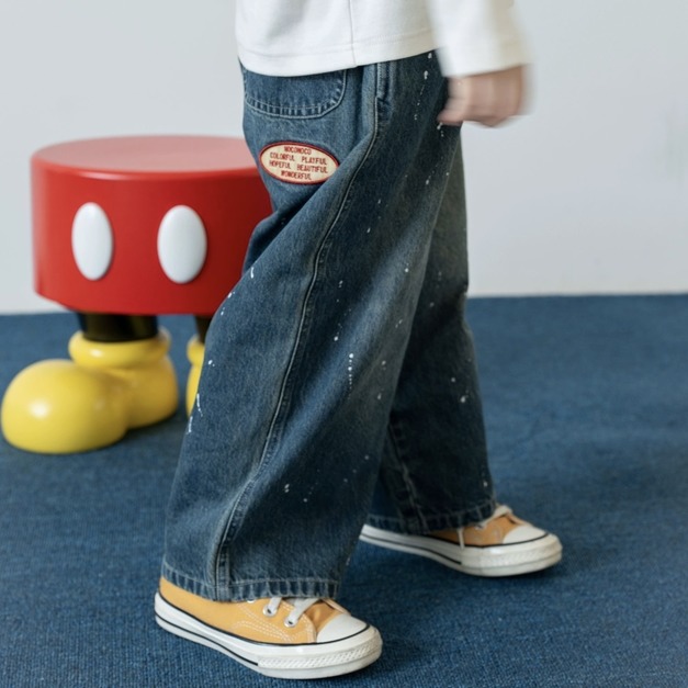 潑墨水洗感鬆緊牛仔褲