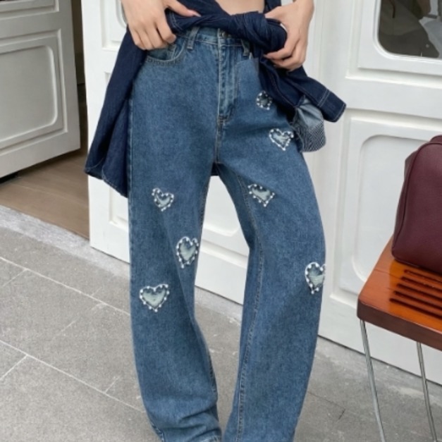 愛心珍珠刺繡牛仔寬褲