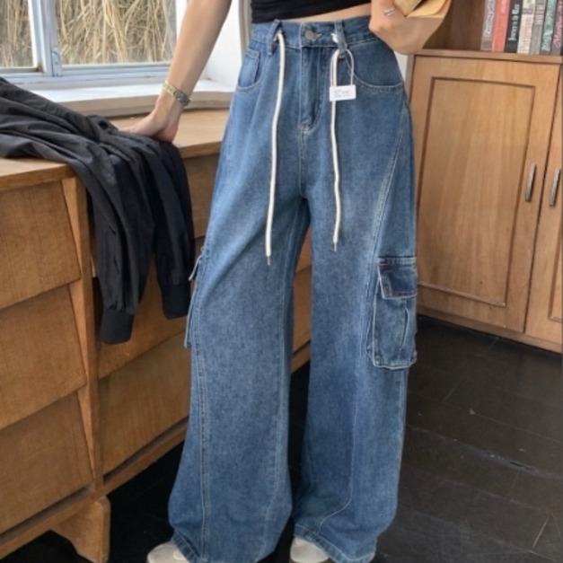  抽繩牛仔工裝寬褲  2色