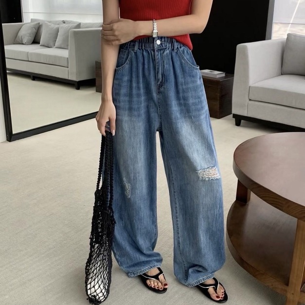 韓系刷破牛仔寬褲（街頭感款）