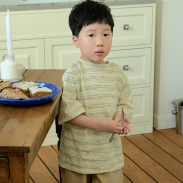 Stella&K(Woodie) ｜ 細條紋撞色羅紋滾邊棉 T     2色