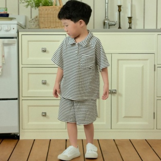 Stella&K(Woodie)｜ 華夫格細條紋 Polo 兩件式套裝  2色