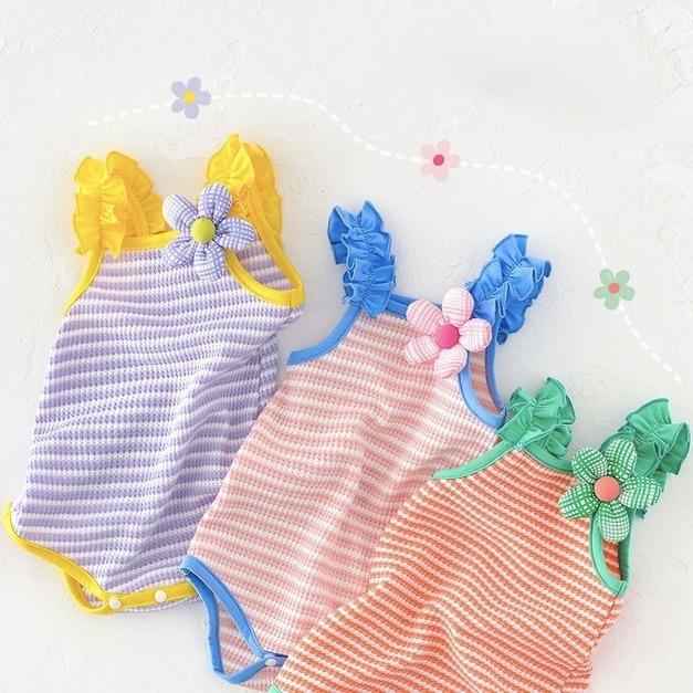🌸 春日小花．糖果系條紋針織包屁衣  3色