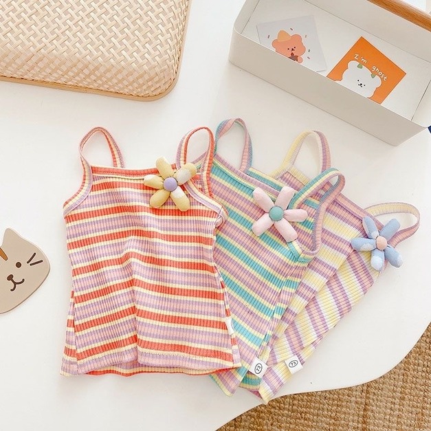 🌼 繽紛夏日．立體小花多色條紋系列 (背心/包屁衣)  3色