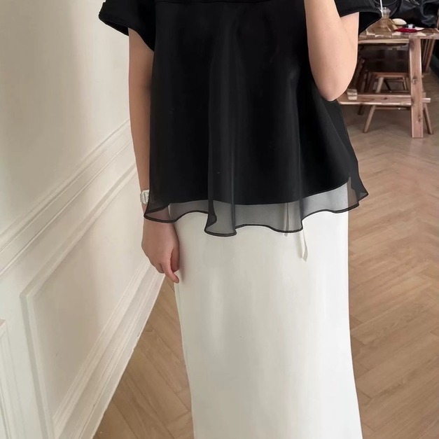 高級感雪紡拼接假兩件上衣