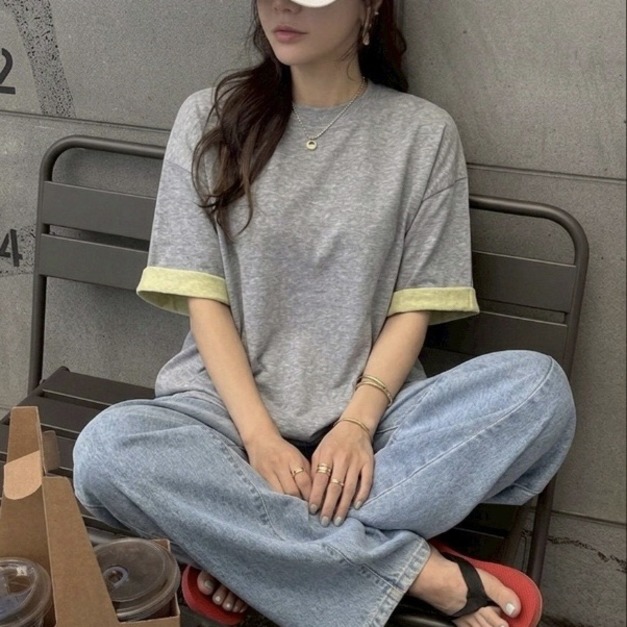 寬鬆撞色袖口棉感上衣  3色