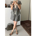 雙層下擺V領上衣 + 高腰休閒短褲套裝_5