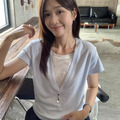 韓系簡約V領拼接顯瘦上衣_1
