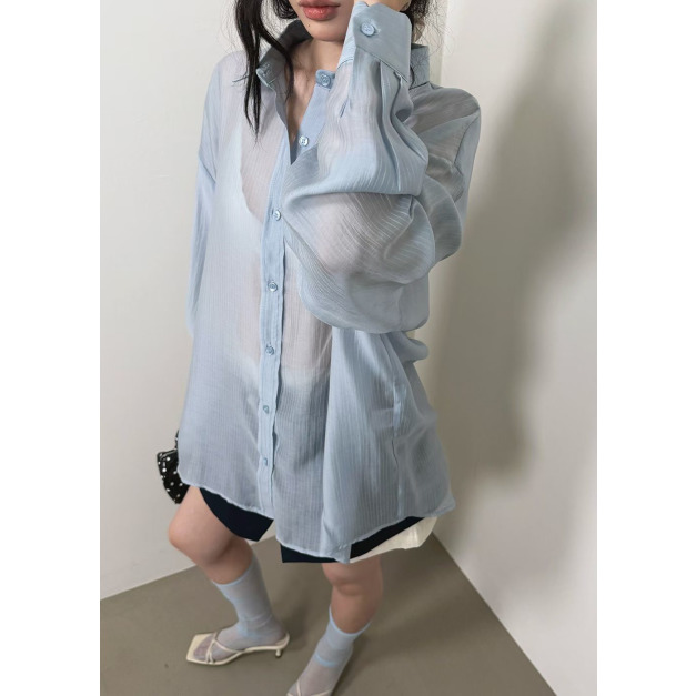 天絲壓紋透膚長袖襯衫    3色