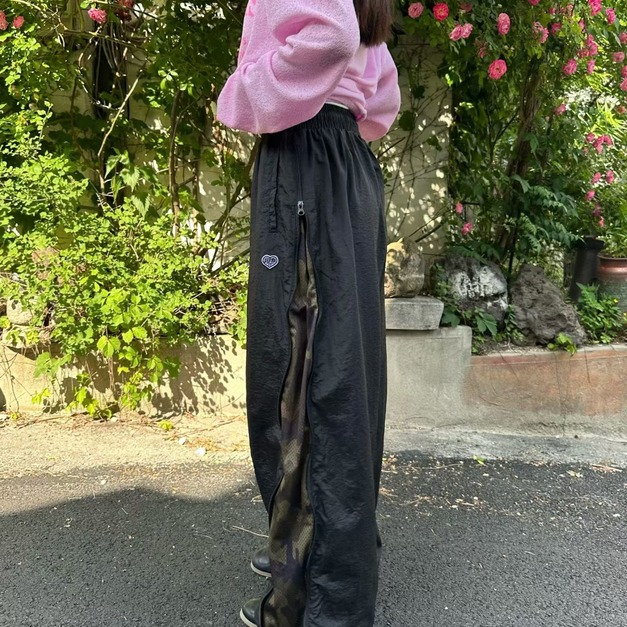 側拉鍊拼迷彩寬褲       3色