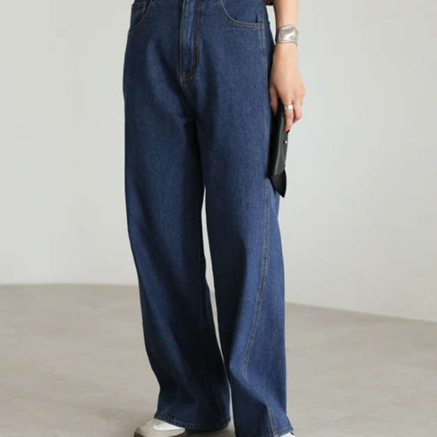 側邊雙車縫寬直筒牛仔褲