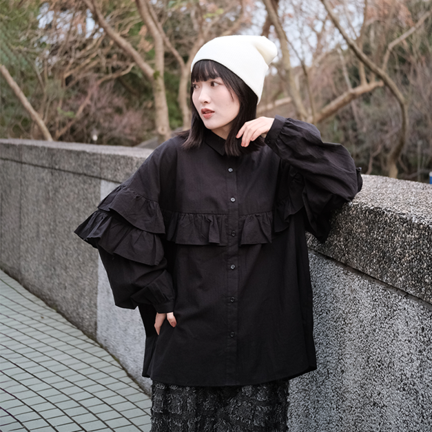 100%純棉復古荷葉邊襯衫 黑
