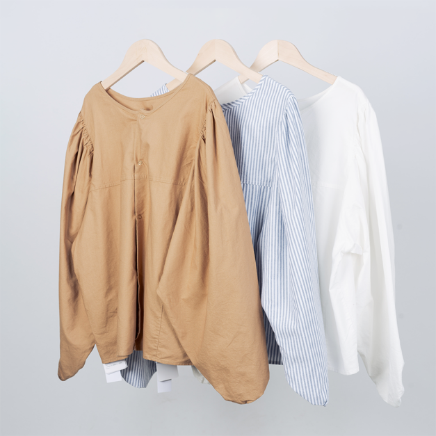 2WAY泡泡袖棉質衫 卡其