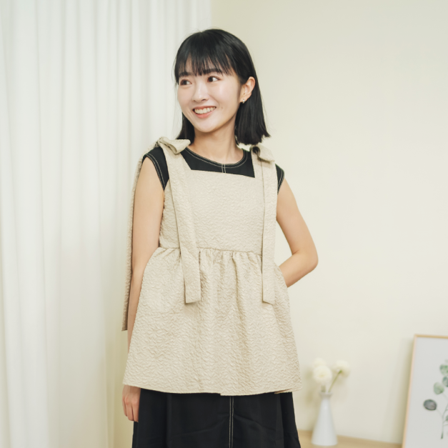 綁帶緹花吊帶背心 卡其