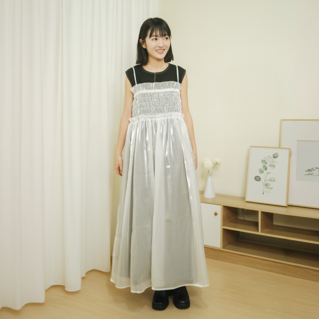 波光透紗細肩連身裙 白