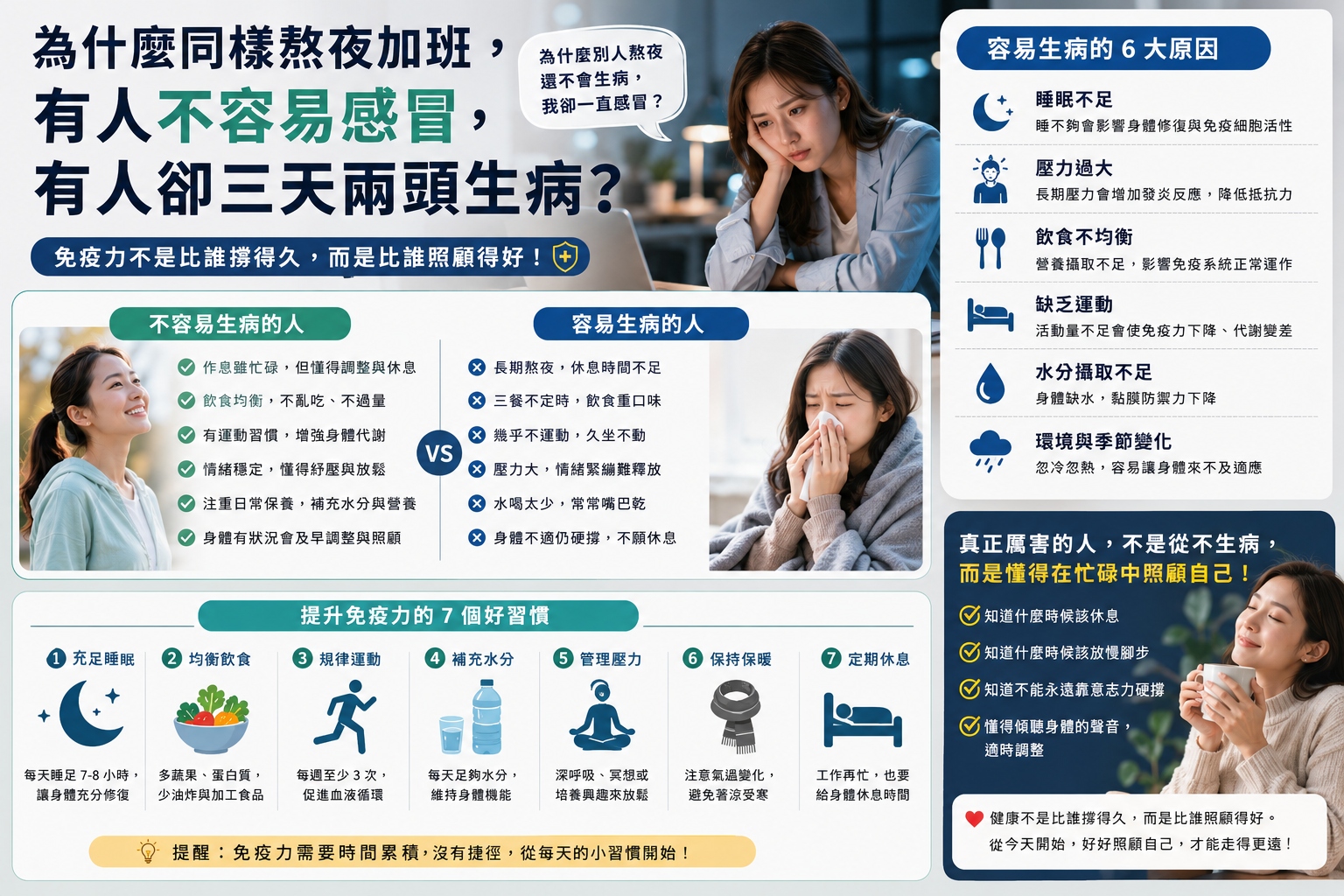 為什麼同樣熬夜加班，有人不容易感冒，有人卻三天兩頭生病？