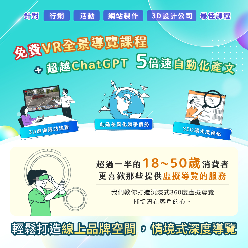 【免費講座】1天學會3D虛擬網站建置、超越ChatGPT 5倍速自動化產文！每次提案都讓業主秒點頭，立即報名，一步超越競爭對手！