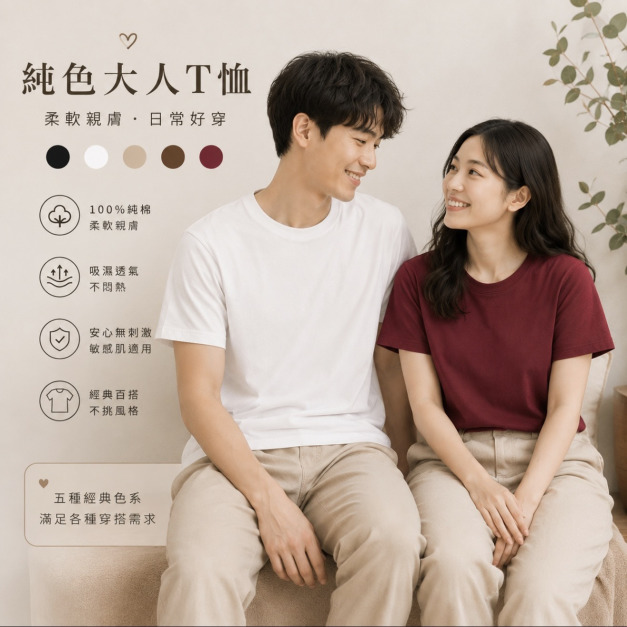 台灣製純色大人短袖T恤(5色)【SC003】