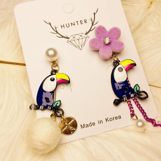 韓系不對稱花朵流蘇大嘴鳥耳環