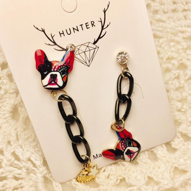 逗趣龐克不對稱彩色法鬥犬耳環
