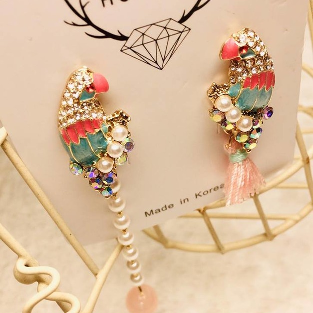 氣質水鑽珍珠流蘇彩色鸚鵡