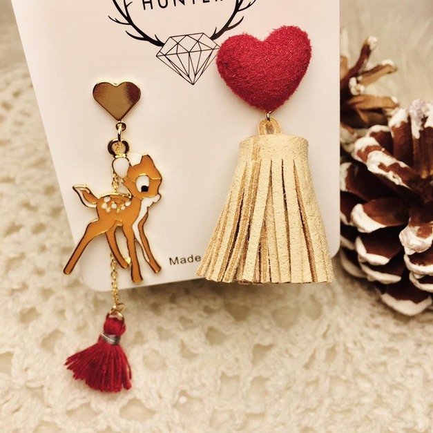 小鹿斑比不對稱愛心流蘇耳環
