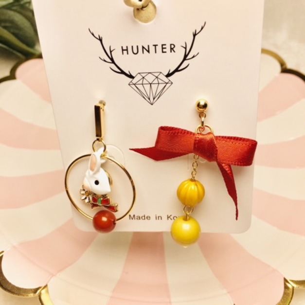 韓系不對稱蝴蝶結氣質小兔耳針