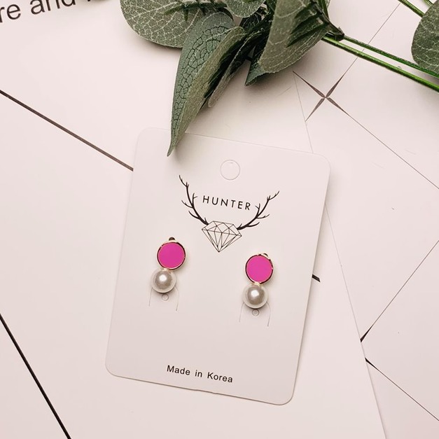 迷你桃紅圓圈珍珠耳環