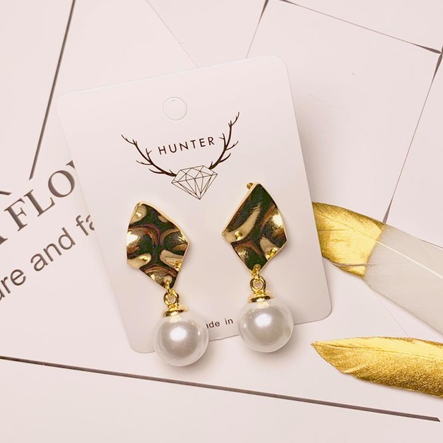 幾何菱形金屬方塊大珍珠耳環