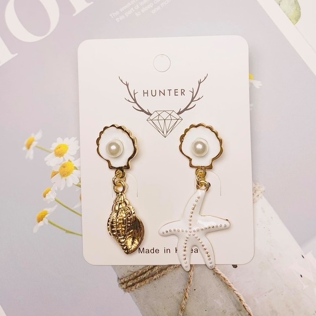 海洋系海星貝殼珍珠耳環(白)