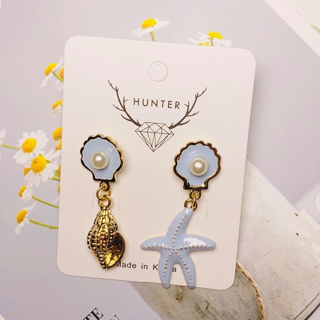 海洋系海星貝殼珍珠耳環(藍)