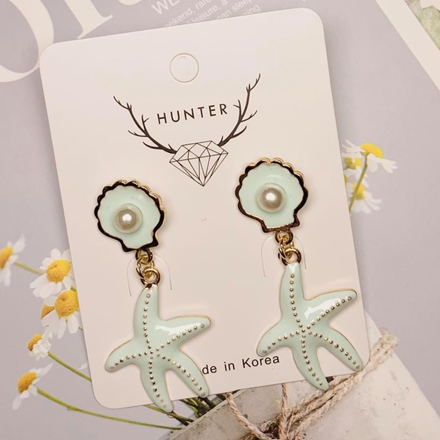 海洋系海星珍珠耳環(湖水綠)