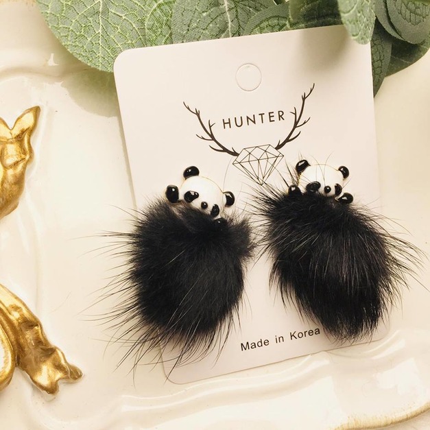 可愛胖熊貓絨毛球球耳飾