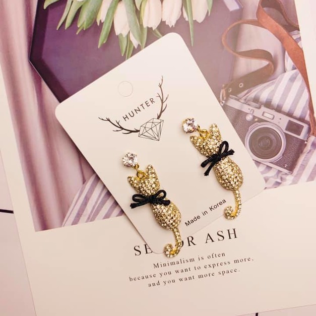 滿鑽蝴蝶結小貓咪背影耳環
