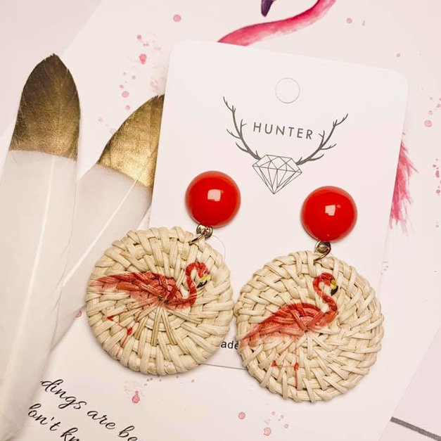 夏季手工草編烈火鳥火鶴耳環
