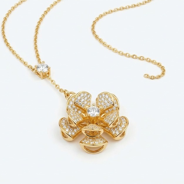 BVLGARI 旋轉滿鑽扇形花朵項鍊 (金色)