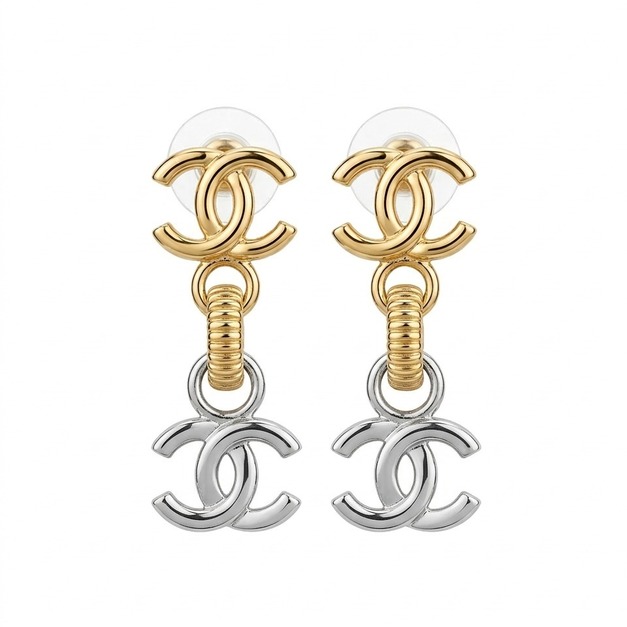 CHANEL 雙色cc長耳環