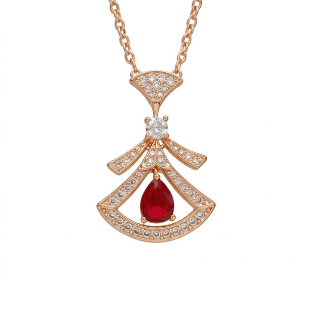 BVLGARI 銀色紅鑲鑽裙子項鍊