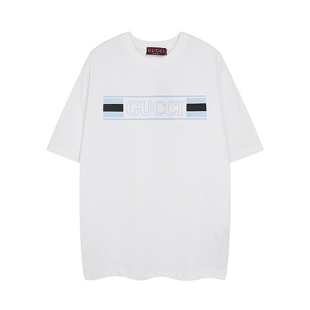 GUCCI 白藍條紋LOGO短袖 (白)