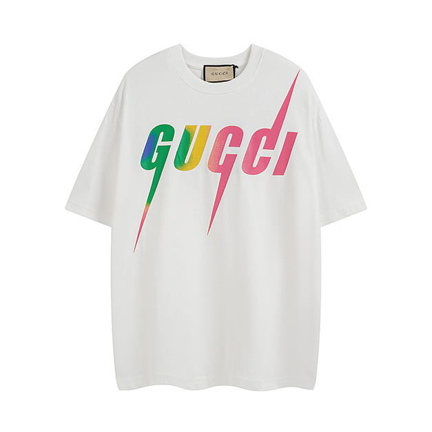GUCCI 彩色刀鋒閃電LOGO短袖 (白)