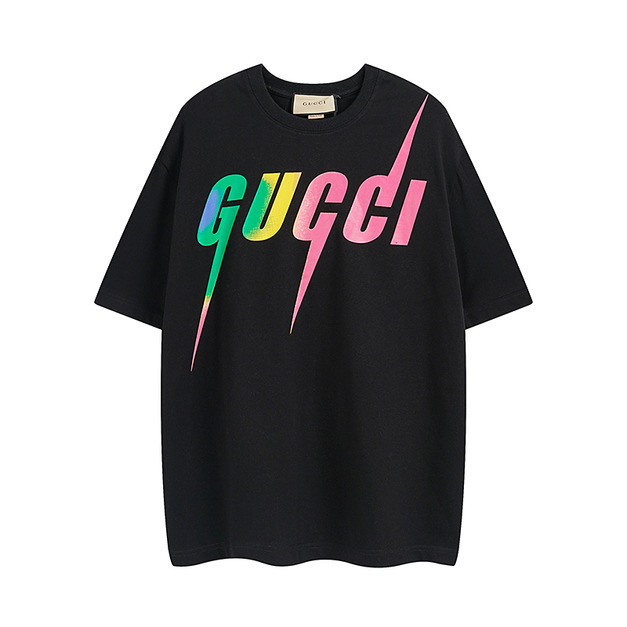 GUCCI 彩色刀鋒閃電LOGO短袖 (黑)