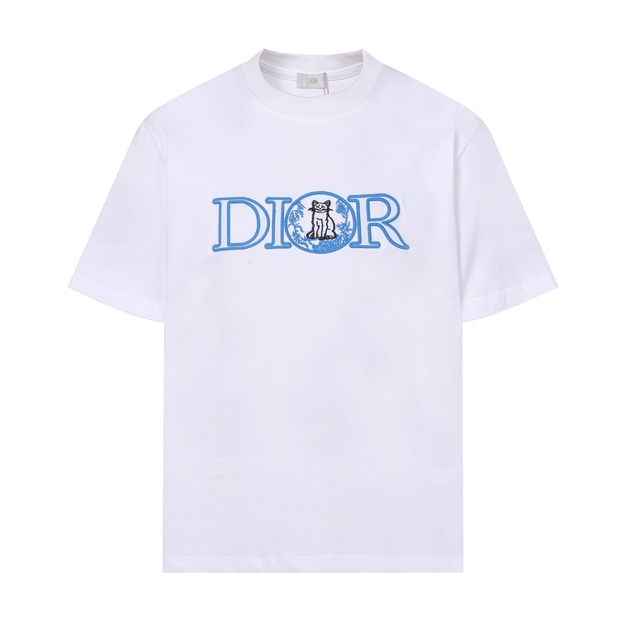 DIOR 藍色刺繡Logo小貓短袖 (白)