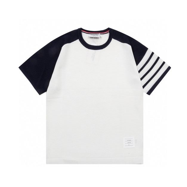 THOM BROWNE 四槓拼色針織短袖 (黑)