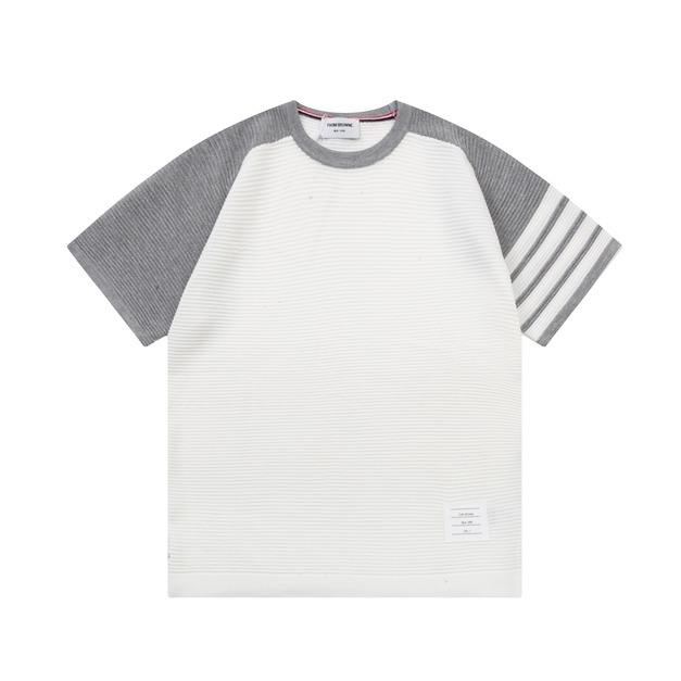 THOM BROWNE 四槓拼色針織短袖 (白)