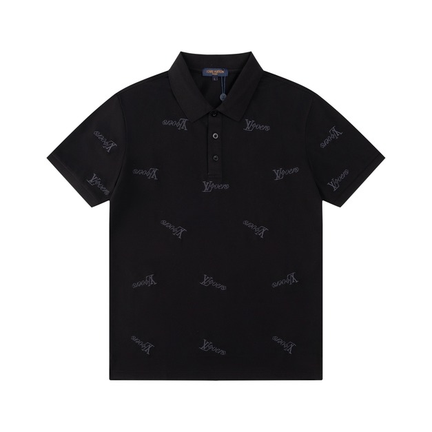LOUIS VUITTON 滿版字母刺繡短袖 Polo 衫 (黑)