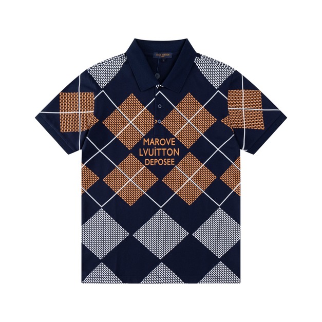 LOUIS VUITTON 菱格拼接印花短袖 Polo 衫 (黑)