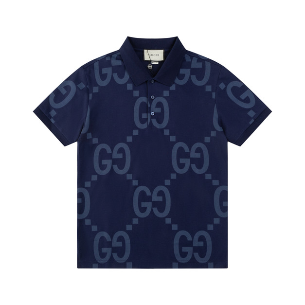 GUCCI 大 GG Logo 滿版印花短袖 Polo 衫 (藍)