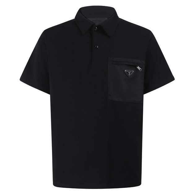PRADA 胸前口袋棉質寬鬆短袖POLO衫 (黑)